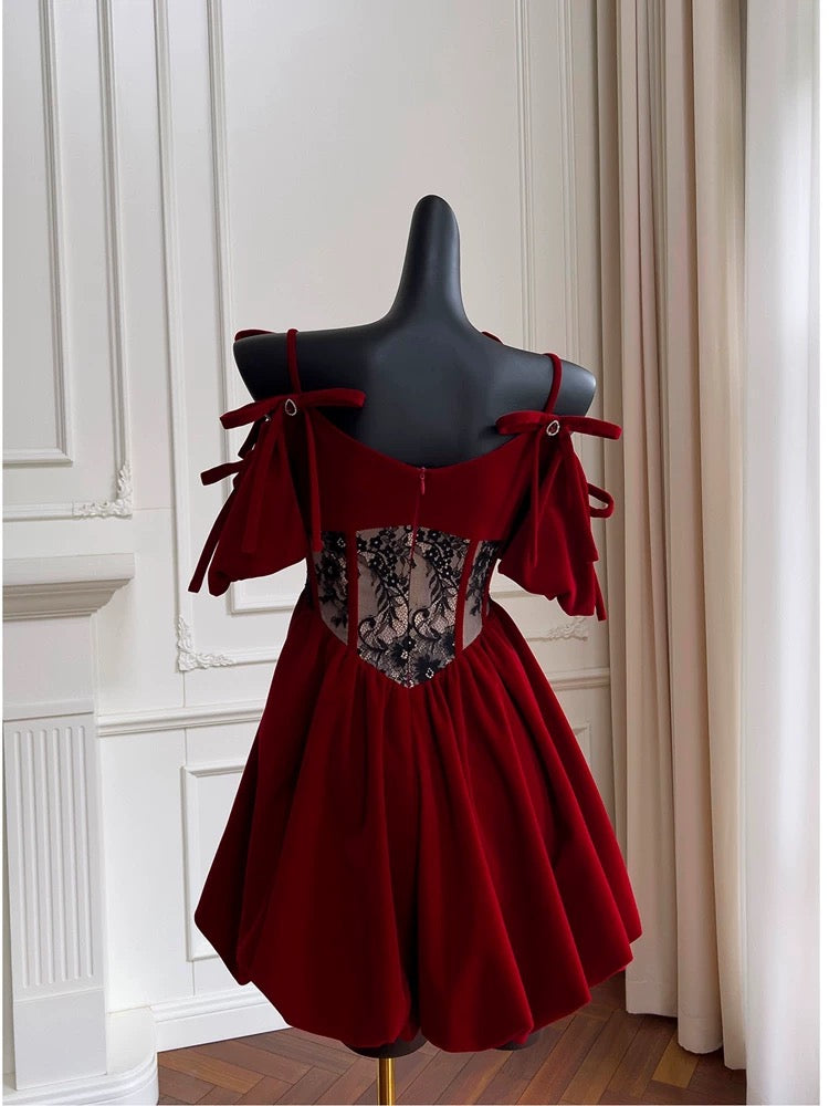 Cute A Line Spaghetti Straps Velvet Red Homecoming Dresses Birthday Outfits With Beads