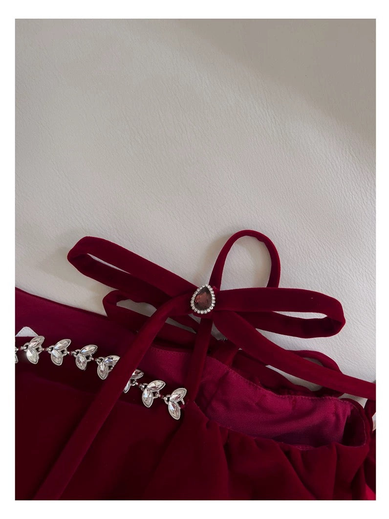Cute A Line Spaghetti Straps Velvet Red Homecoming Dresses Birthday Outfits With Beads