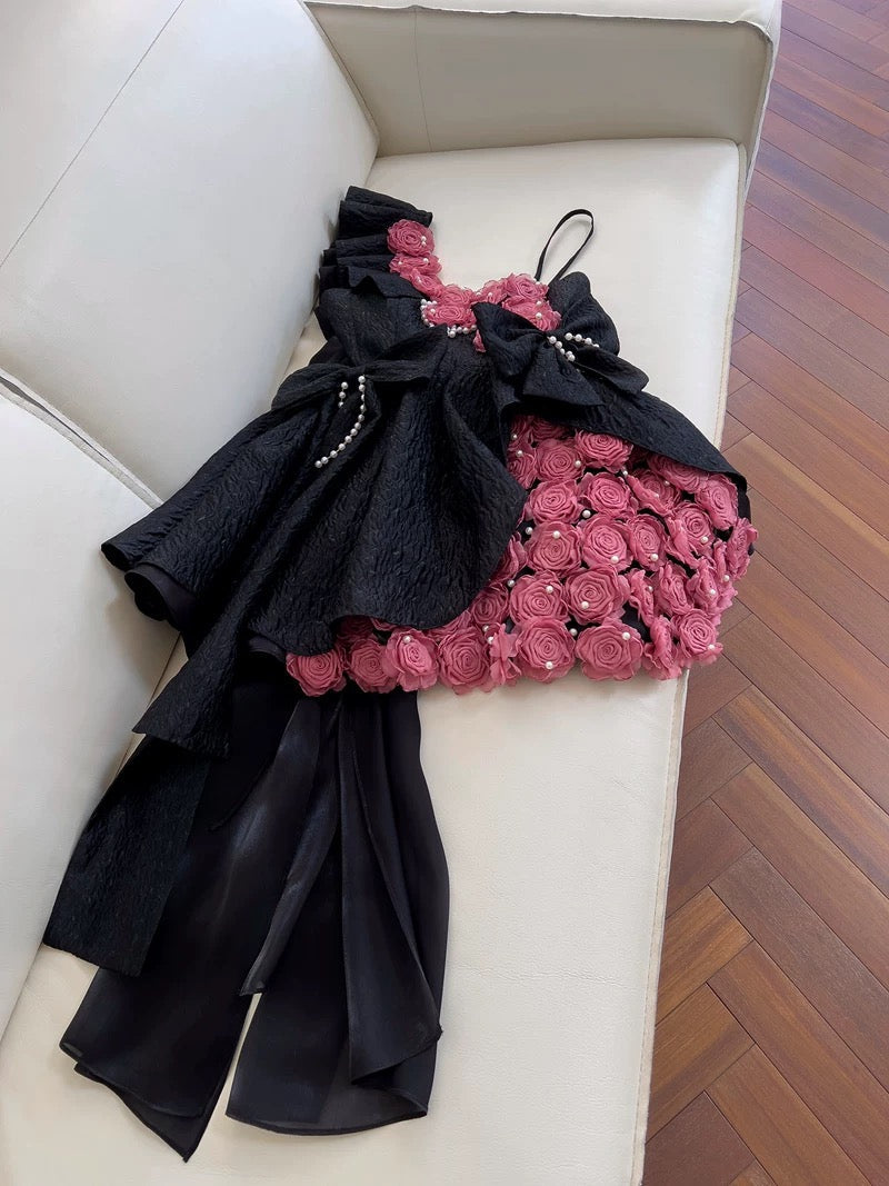 Pretty Ball Gown Straps Black Satin Flowers Homecoming Dresses Birthday Outfits With Bow