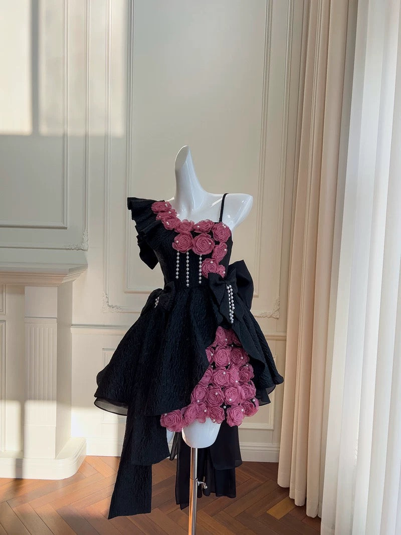 Pretty Ball Gown Straps Black Satin Flowers Homecoming Dresses Birthday Outfits With Bow