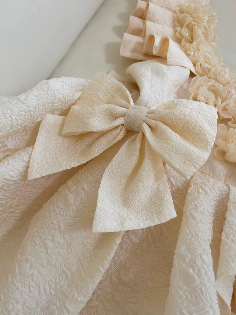Pretty Ball Gown Straps Champagne Satin Flowers Homecoming Dresses Birthday Outfits With Bow