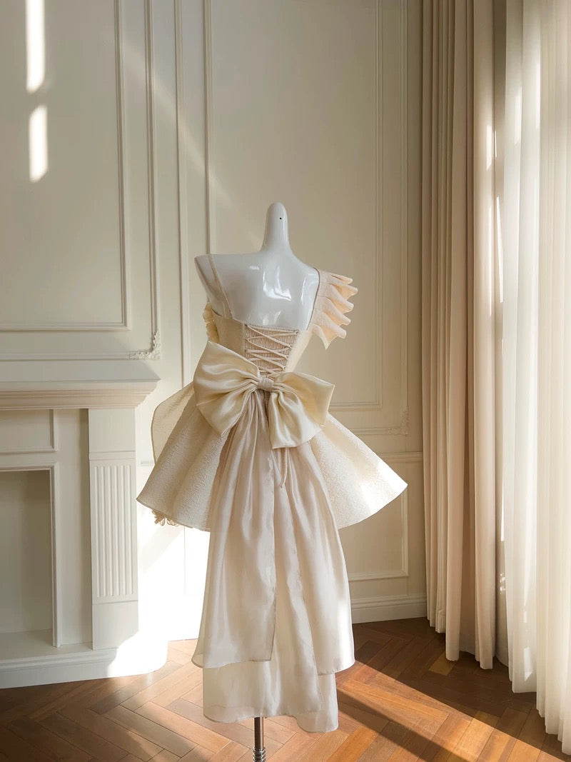 Pretty Ball Gown Straps Champagne Satin Flowers Homecoming Dresses Birthday Outfits With Bow