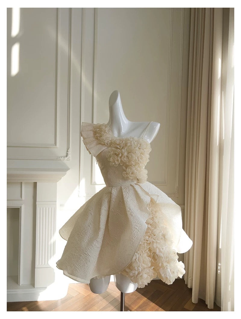 Pretty Ball Gown Straps Champagne Satin Flowers Homecoming Dresses Birthday Outfits With Bow