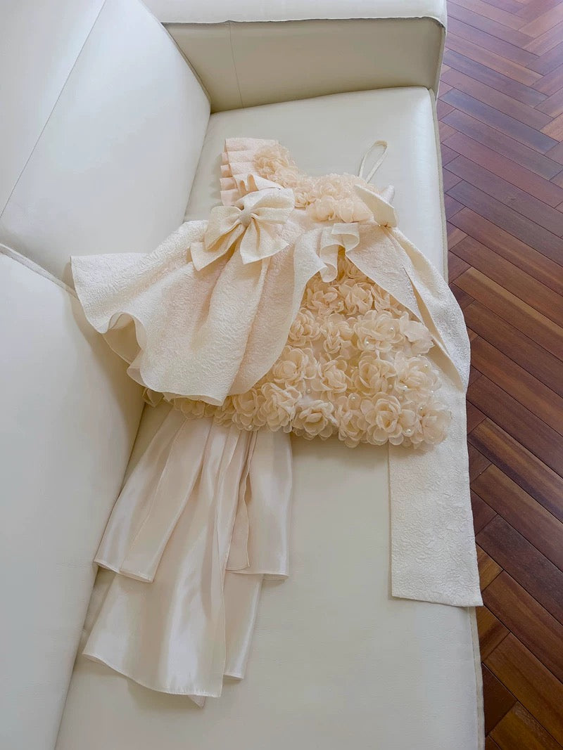 Pretty Ball Gown Straps Champagne Satin Flowers Homecoming Dresses Birthday Outfits With Bow