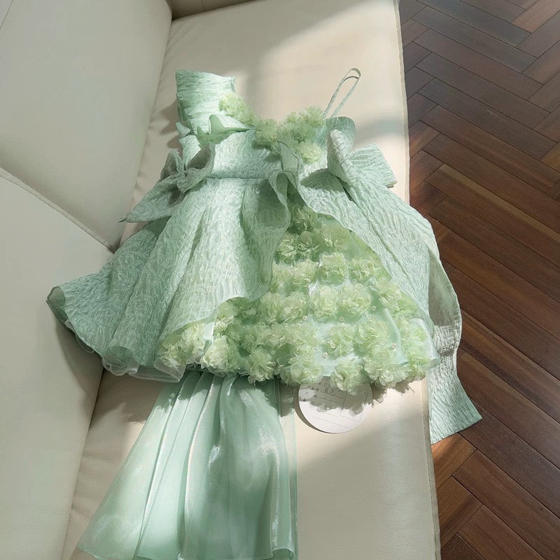 Pretty Ball Gown Straps Mint Green Lace Flowers Homecoming Dresses Birthday Outfits With Bow