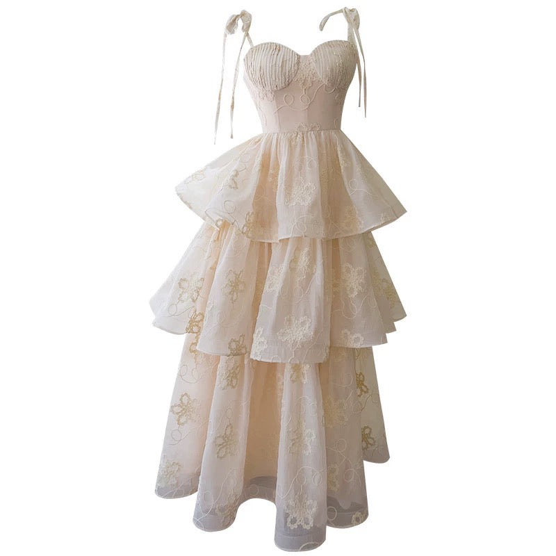 Modest Ball Gown Straps Lace Ruffles Long Length Prom Dress Formal Dresses