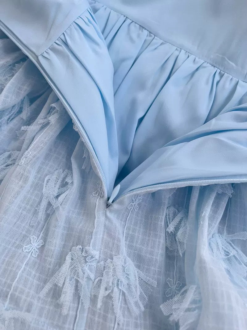 Modest Ball Gown Straps Lace Ruffles Light Sky Blue Length Prom Dress Formal Dresses