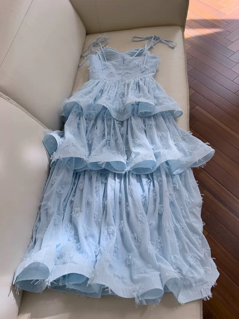 Modest Ball Gown Straps Lace Ruffles Light Sky Blue Length Prom Dress Formal Dresses