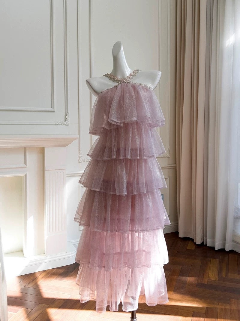 Modest Ball Gown Halter Ruffles Pink Long Length Prom Dress Formal Dresses