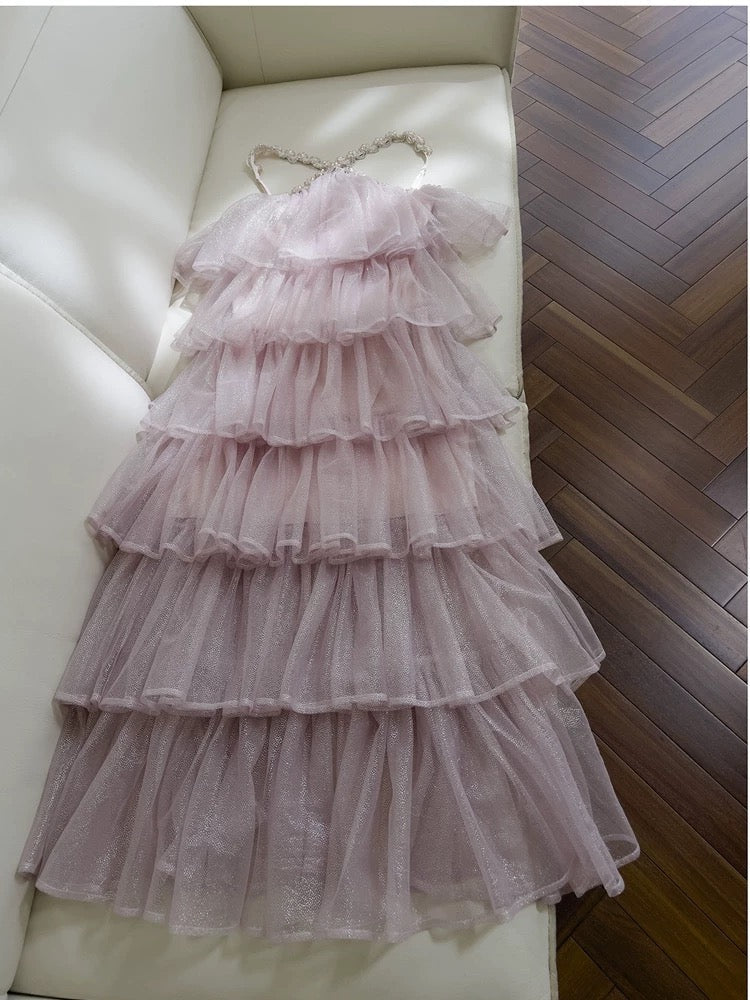 Modest Ball Gown Halter Ruffles Pink Long Length Prom Dress Formal Dresses