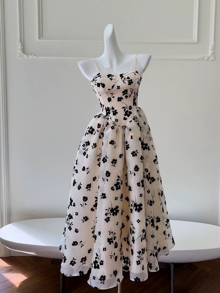 Modest A line Spaghetti Straps Black Floral Prom Dress Formal Dresses