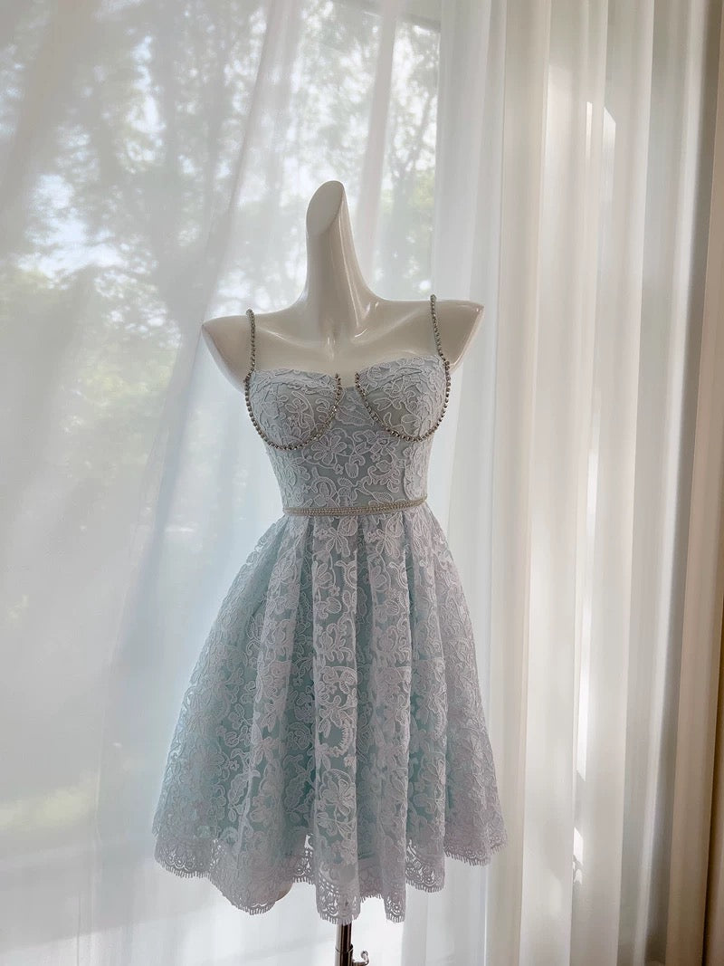 Modest A line Spaghetti Straps Light Skye Blue Lace Short Homecoming Dresses Birthday Outfit