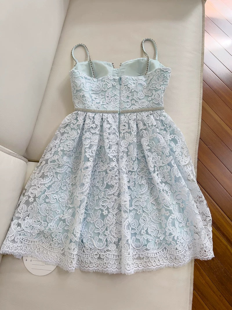 Modest A line Spaghetti Straps Light Skye Blue Lace Short Homecoming Dresses Birthday Outfit
