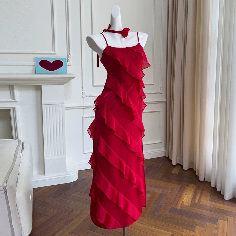 Modest A line Spaghetti Straps Red Chiffon Long Prom Dress Formal Dresses