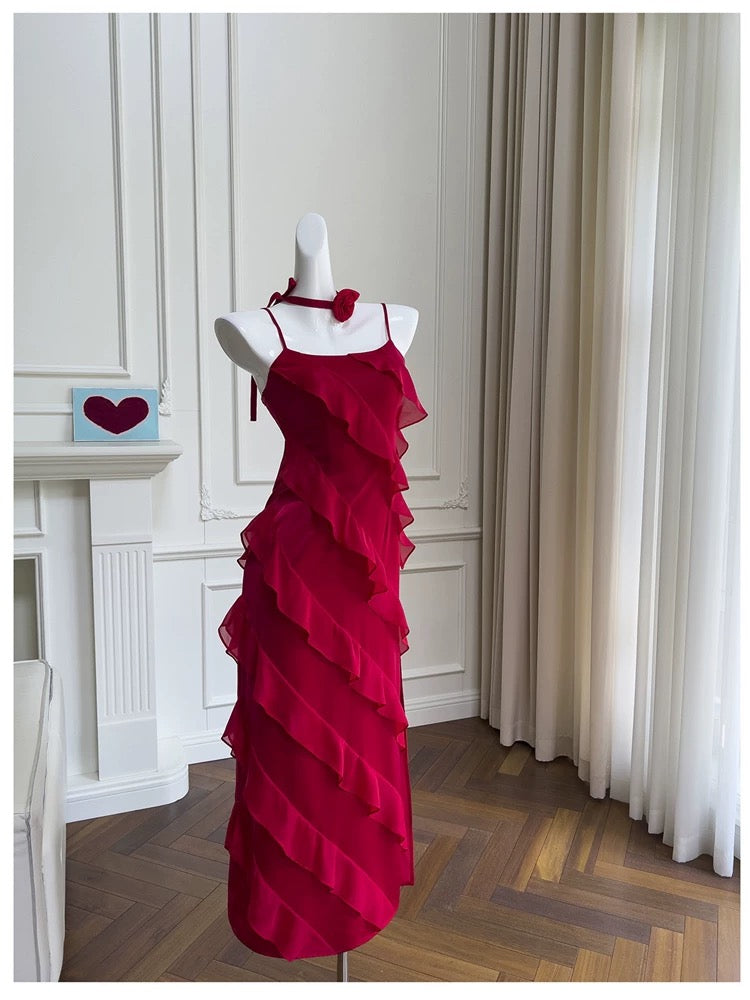 Modest A line Spaghetti Straps Red Chiffon Long Prom Dress Formal Dresses
