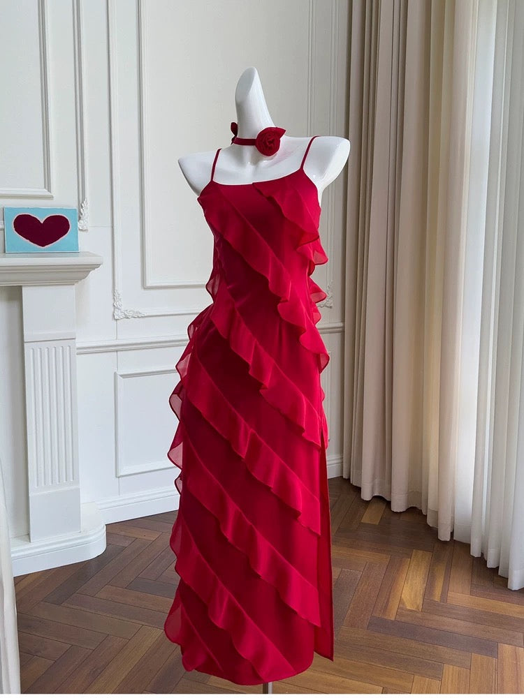 Modest A line Spaghetti Straps Red Chiffon Long Prom Dress Formal Dresses