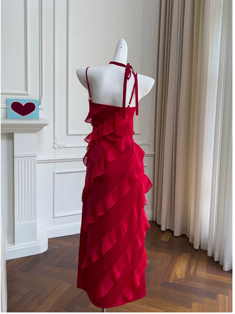 Modest A line Spaghetti Straps Red Chiffon Long Prom Dress Formal Dresses
