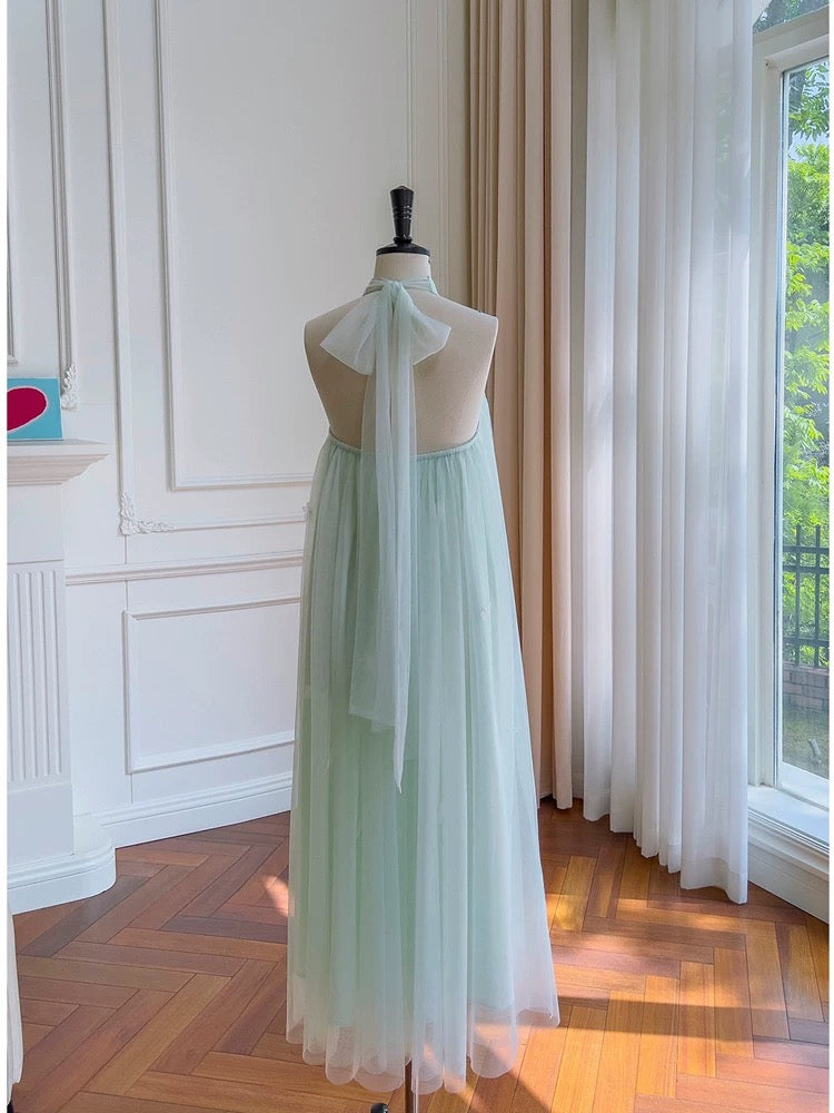 Modest A line Halter Tulle Mint Green Prom Dress Formal Dresses