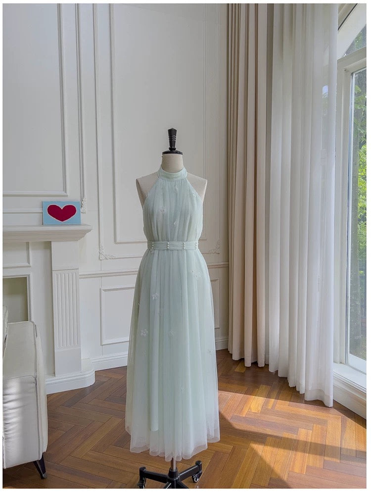 Modest A line Halter Tulle Mint Green Prom Dress Formal Dresses