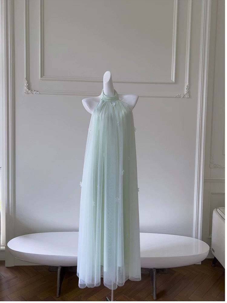 Modest A line Halter Tulle Mint Green Prom Dress Formal Dresses