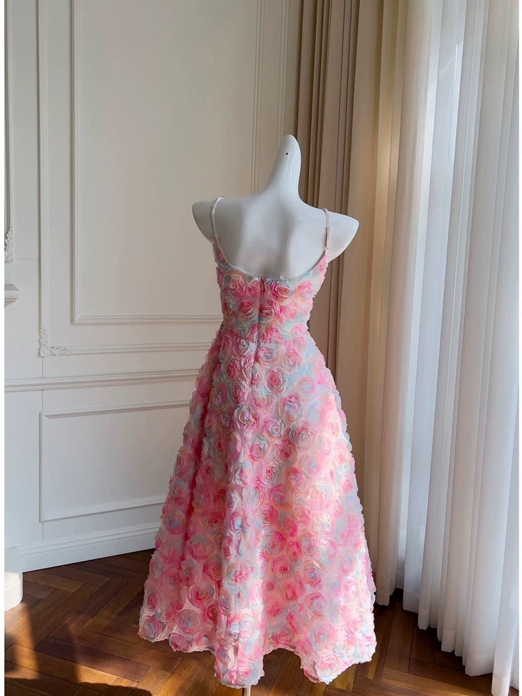 Modest A line Spaghetti Straps Pink Floral Prom Dress Formal Dresses