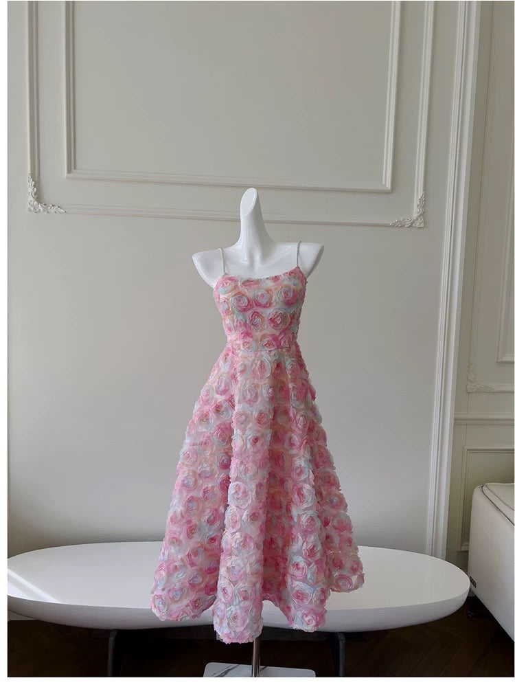 Modest A line Spaghetti Straps Pink Floral Prom Dress Formal Dresses