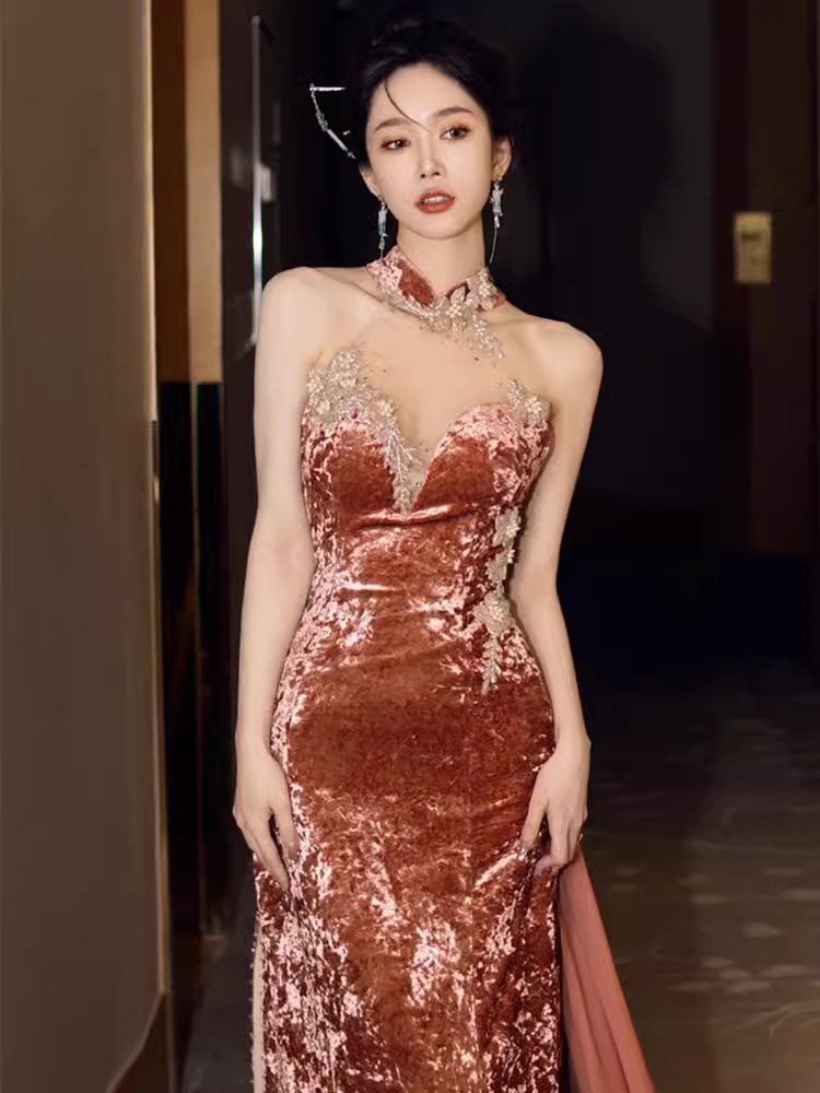 Sexy Mermaid High Neckline Velvet Pink Long Prom Dresses Birthday Outfits