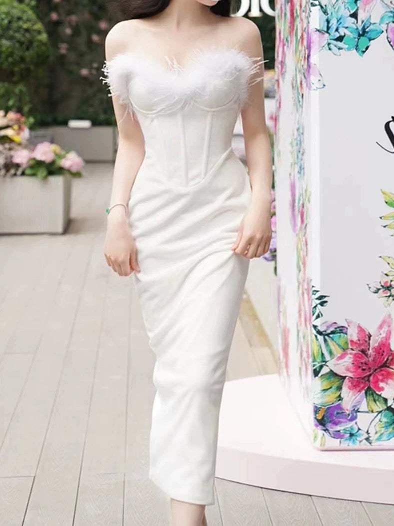 Sexy Sheath Sweetheart White Ankle Length Prom Dress Formal Dresses With Feather
