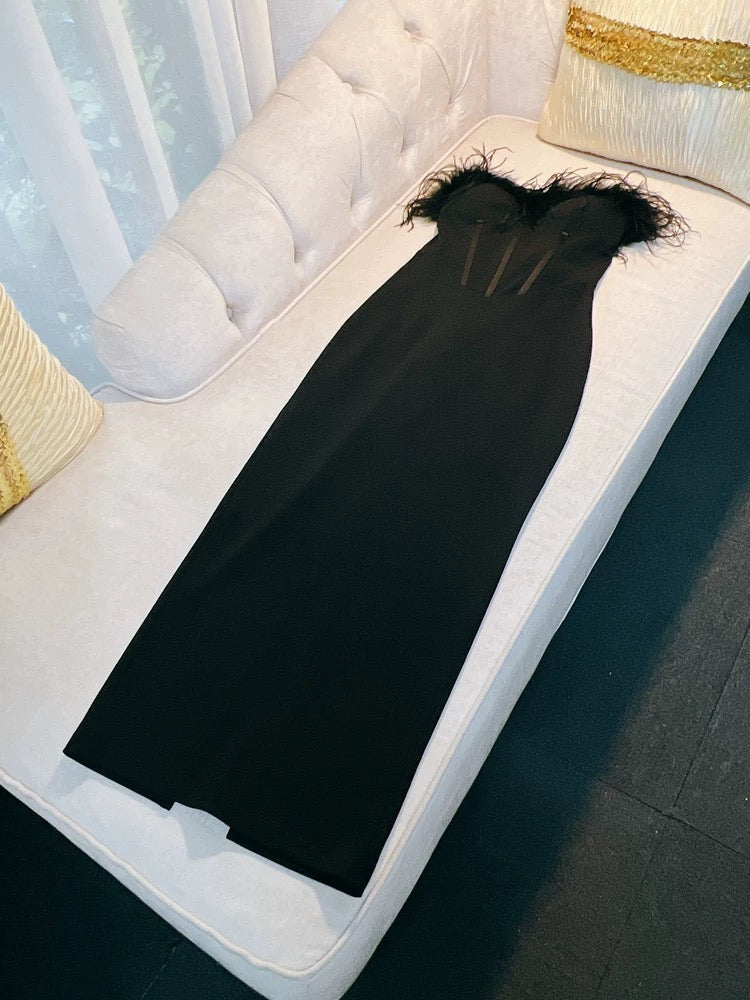 Sexy Sheath Sweetheart Black Ankle Length Prom Dress Formal Dresses With Feather