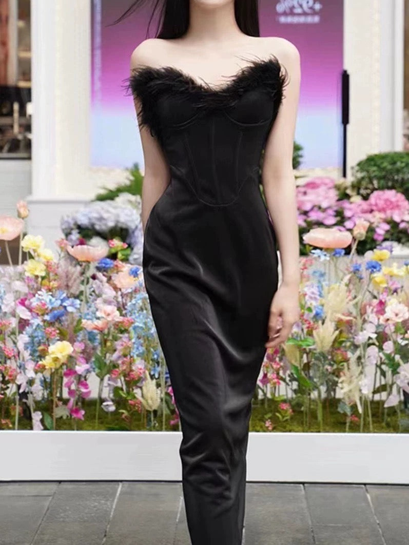 Sexy Sheath Sweetheart Black Ankle Length Prom Dress Formal Dresses With Feather