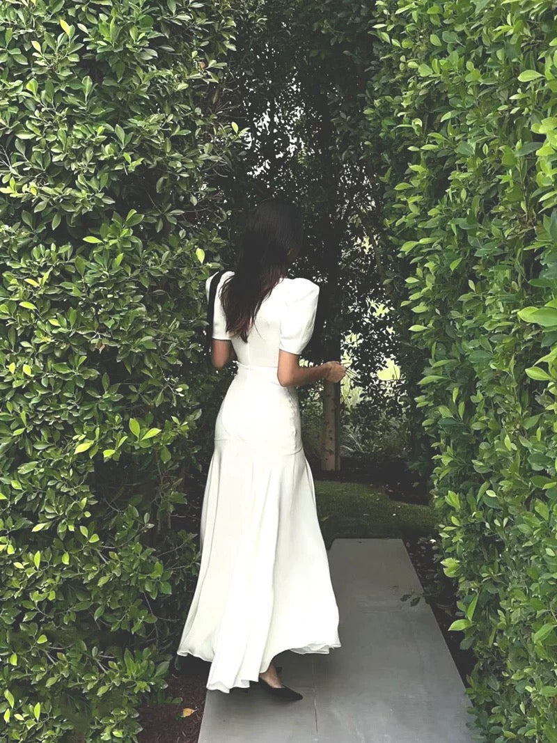 Sexy Mermaid Short Sleeves White Ankle Length Prom Dress Formal Dresses With Bow