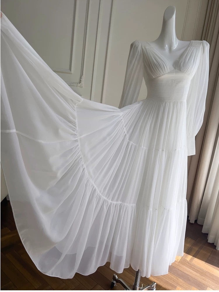 Sexy A line Long Sleeves White Ankle Length Prom Dress Formal Dresses With Ruffles