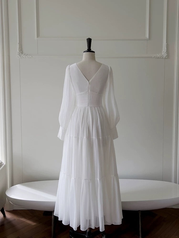 Sexy A line Long Sleeves White Ankle Length Prom Dress Formal Dresses With Ruffles