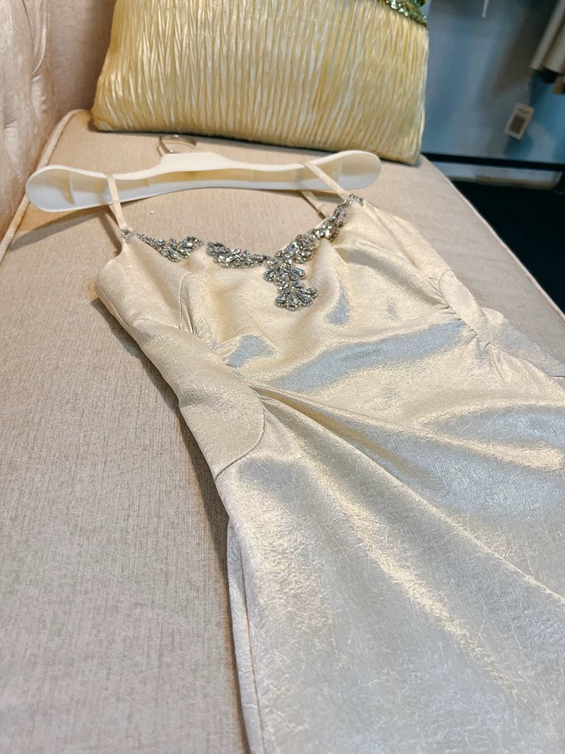 Sexy Sheath Spaghetti Straps Ivory Floor Length Prom Dress Formal Dresses With Beads