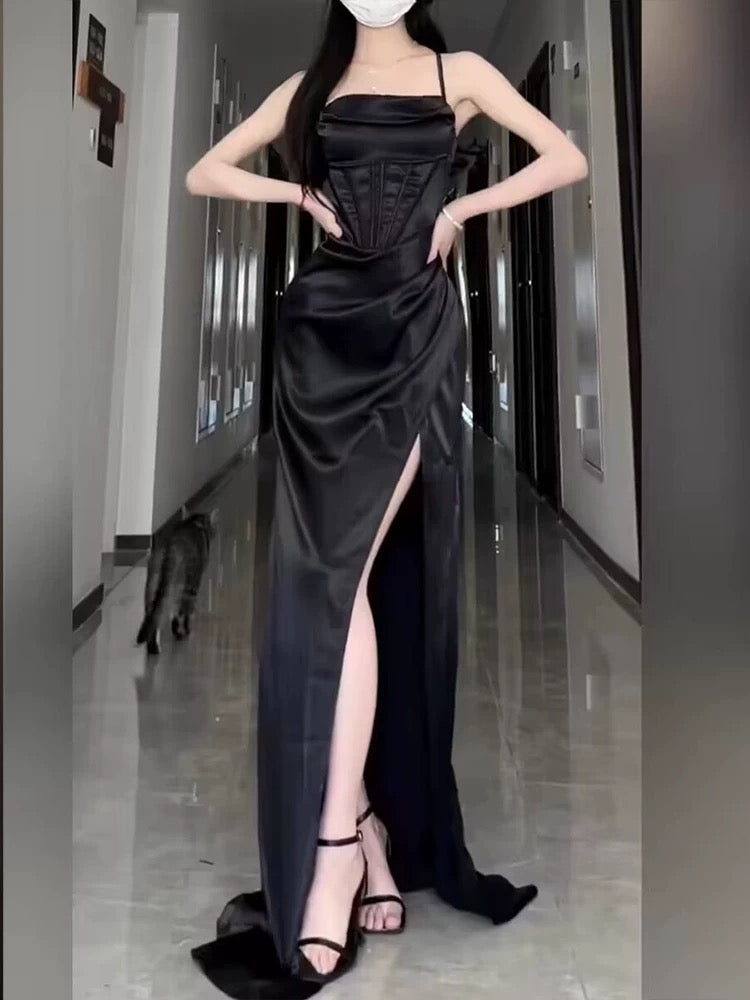 Sexy Sheath Spaghetti Straps Black Floor Length Prom Dress Formal Dresses With Slit
