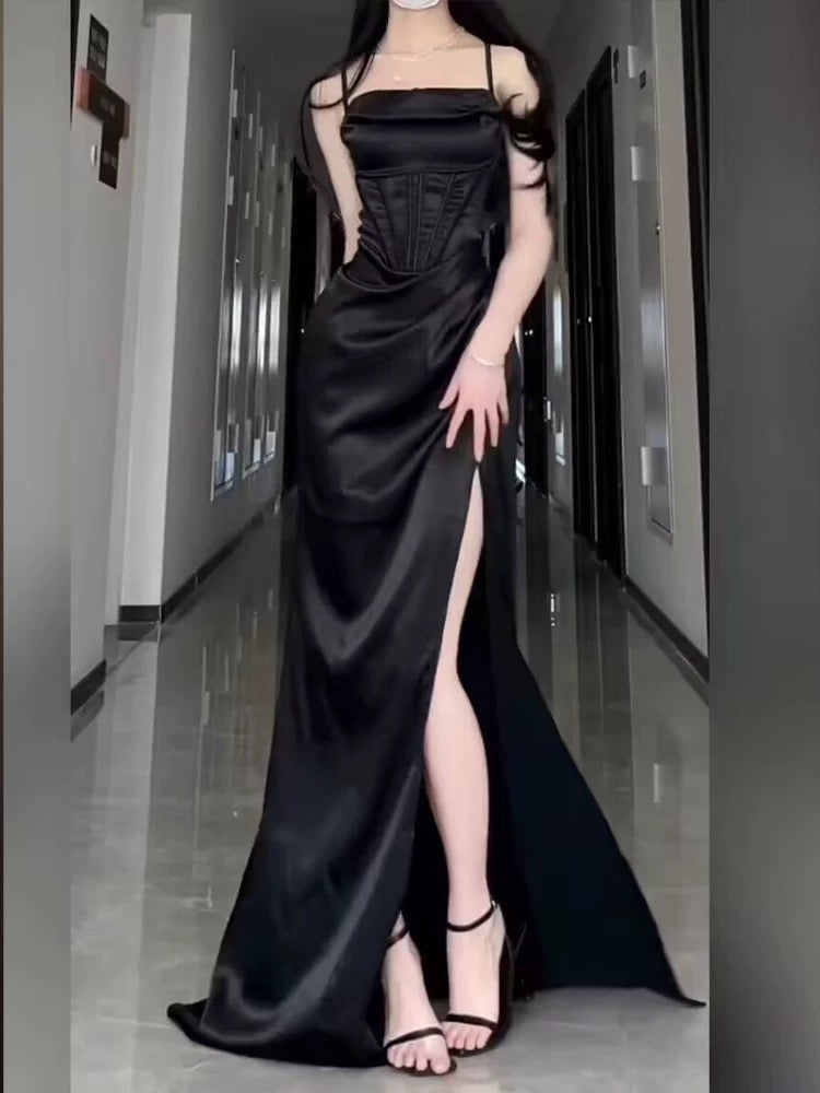 Sexy Sheath Spaghetti Straps Black Floor Length Prom Dress Formal Dresses With Slit