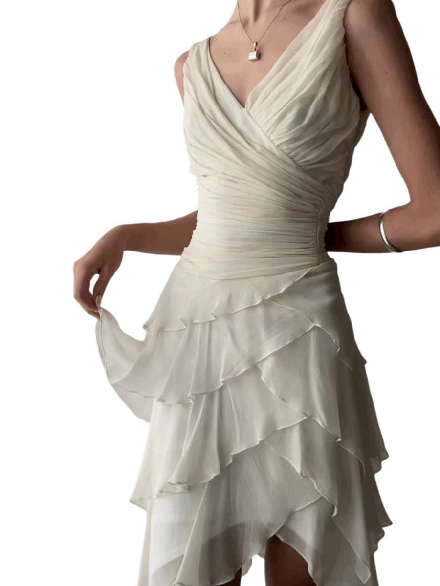 Sexy High Low V Neckline Chiffon Ivory Prom Dress Formal Dresses