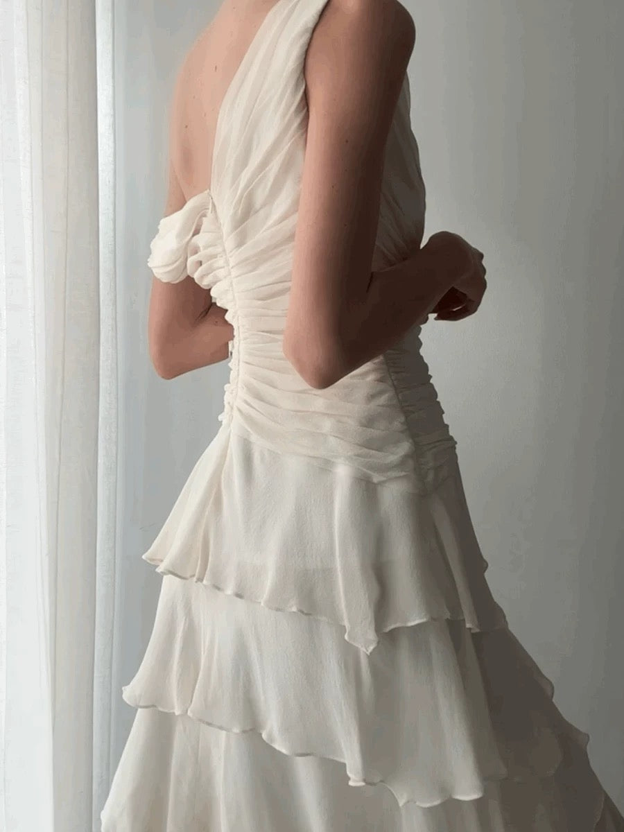 Sexy High Low V Neckline Chiffon Ivory Prom Dress Formal Dresses