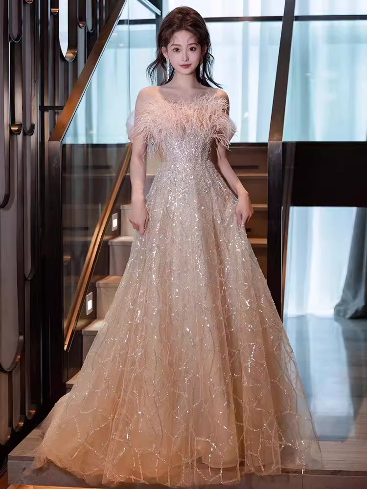 Sexy A Line Off The Shoulder Sequin Long Prom Dresses Birthday Outfits With Feather