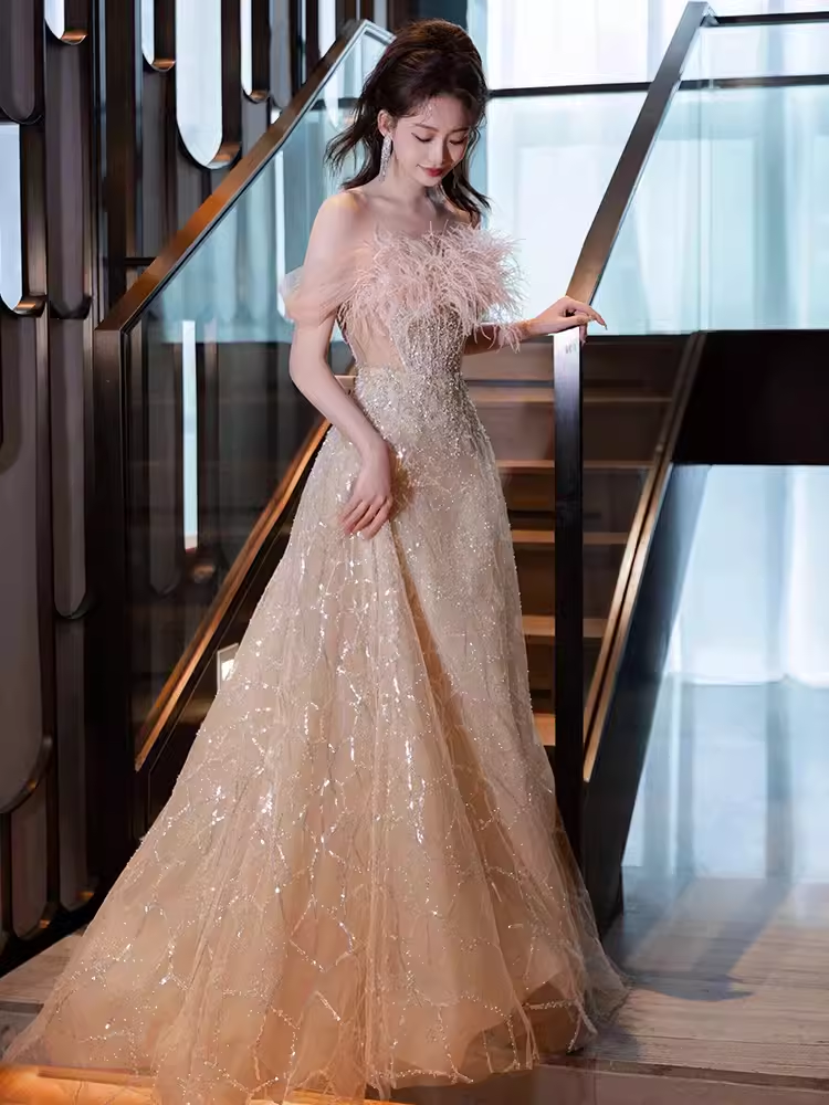 Sexy A Line Off The Shoulder Sequin Long Prom Dresses Birthday Outfits With Feather
