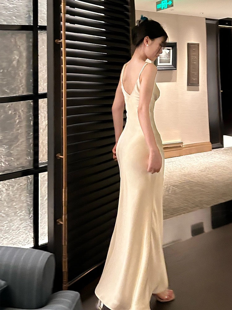 Simple Sheath Spaghetti Straps Ivory Silk Satin Long Slit Prom Dress Formal Dresses With Bottons