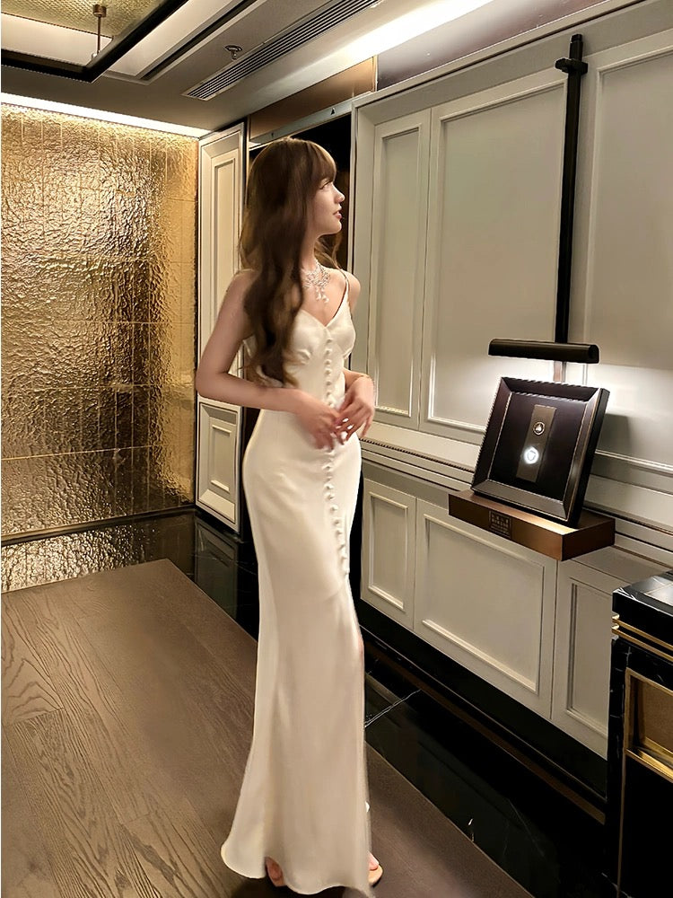 Simple Sheath Spaghetti Straps Ivory Silk Satin Long Slit Prom Dress Formal Dresses With Bottons