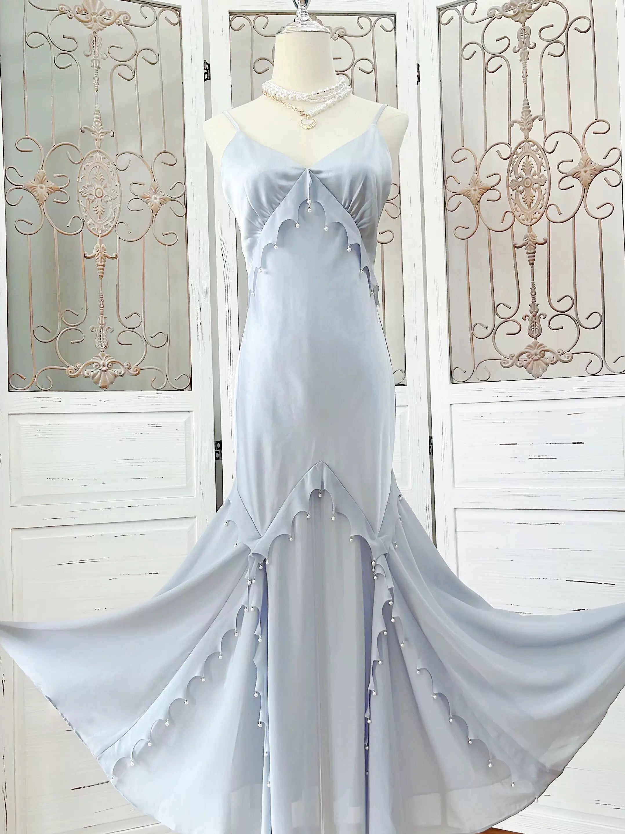Simple Sheath Spaghetti Straps Light Sky Blue Long Prom Dress Formal Dresses With Pearls