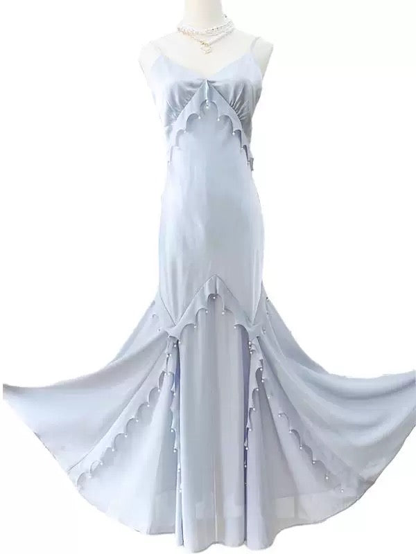 Simple Sheath Spaghetti Straps Light Sky Blue Long Prom Dress Formal Dresses With Pearls