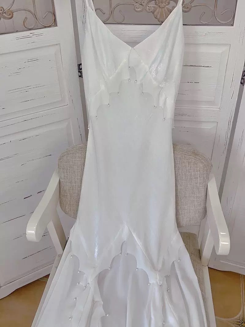 Simple Sheath Spaghetti Straps Ivory Long Prom Dress Formal Dresses With Pearls
