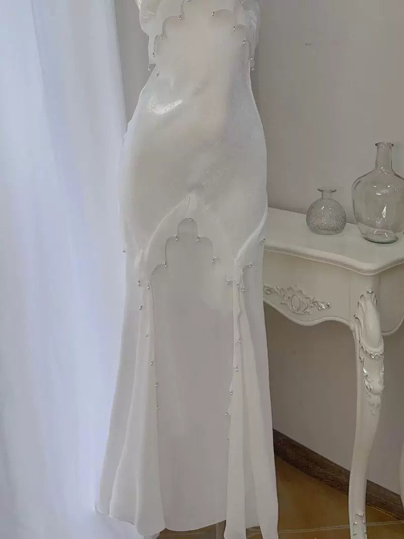 Simple Sheath Spaghetti Straps Ivory Long Prom Dress Formal Dresses With Pearls