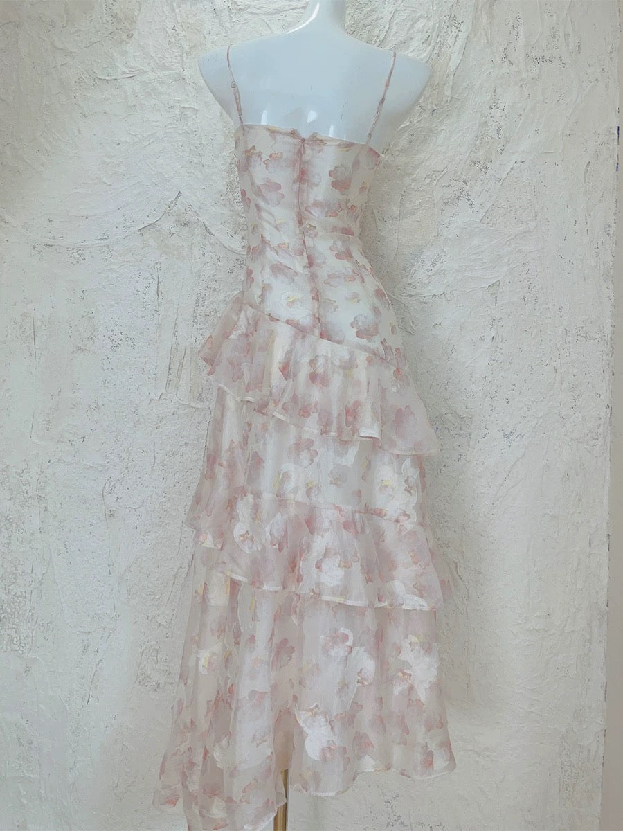 Modest A Line Straps Chiffon Long Pink Floral Prom Dress Evening Dresses