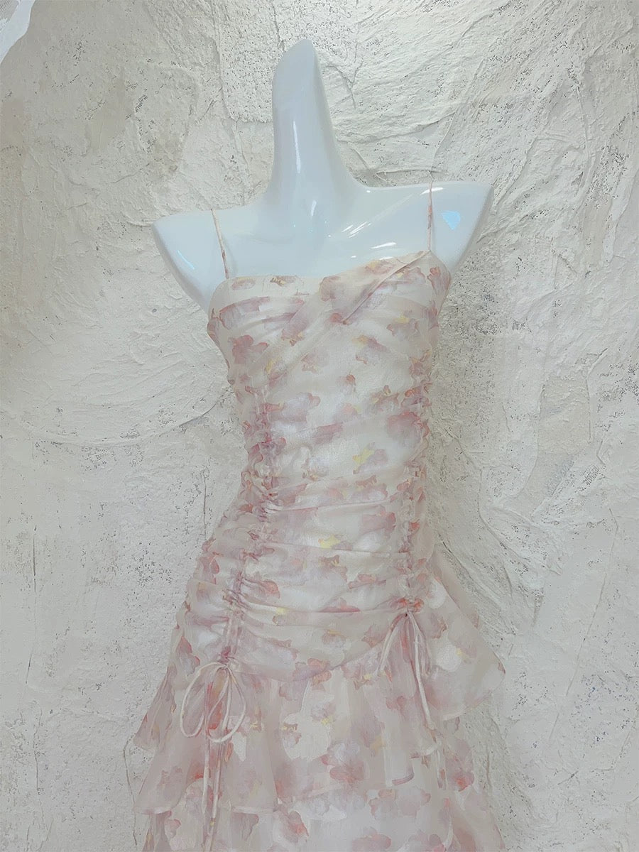 Modest A Line Straps Chiffon Long Pink Floral Prom Dress Evening Dresses