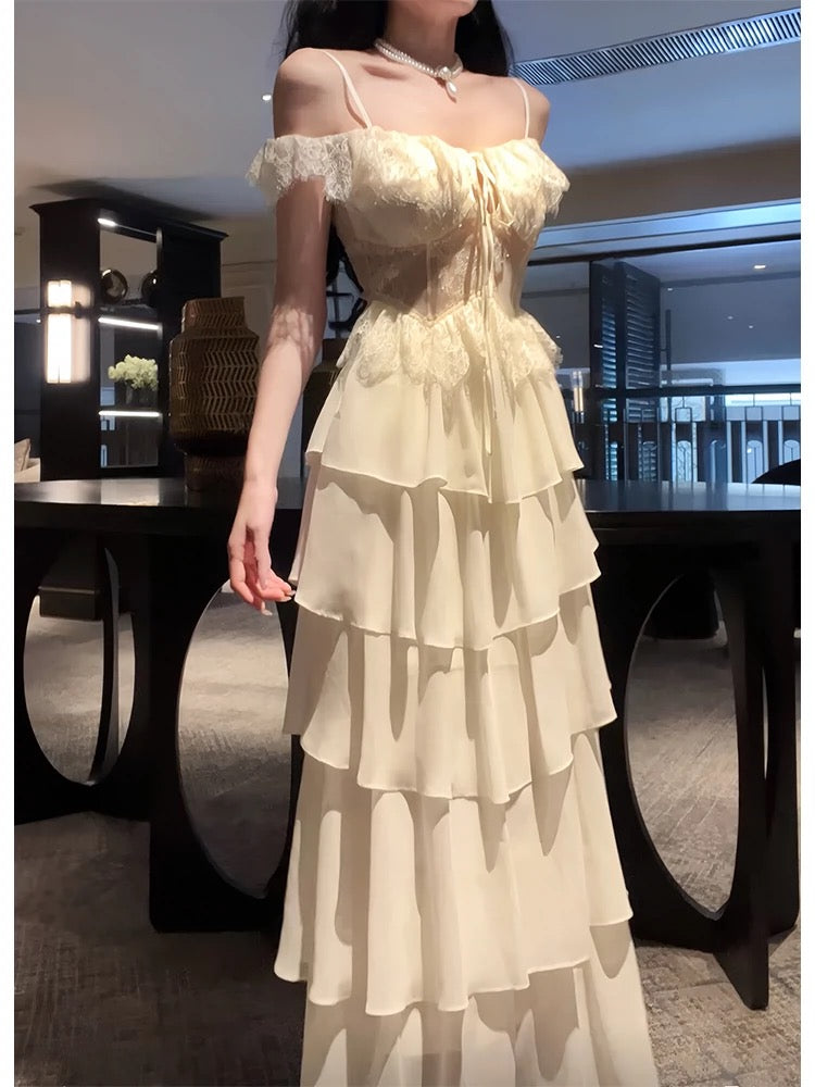 Modest A line Spaghetti Straps Long White Chiffon Prom Dress Evening Dresses