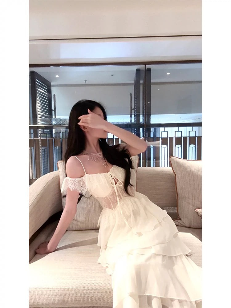 Modest A line Spaghetti Straps Long White Chiffon Prom Dress Evening Dresses
